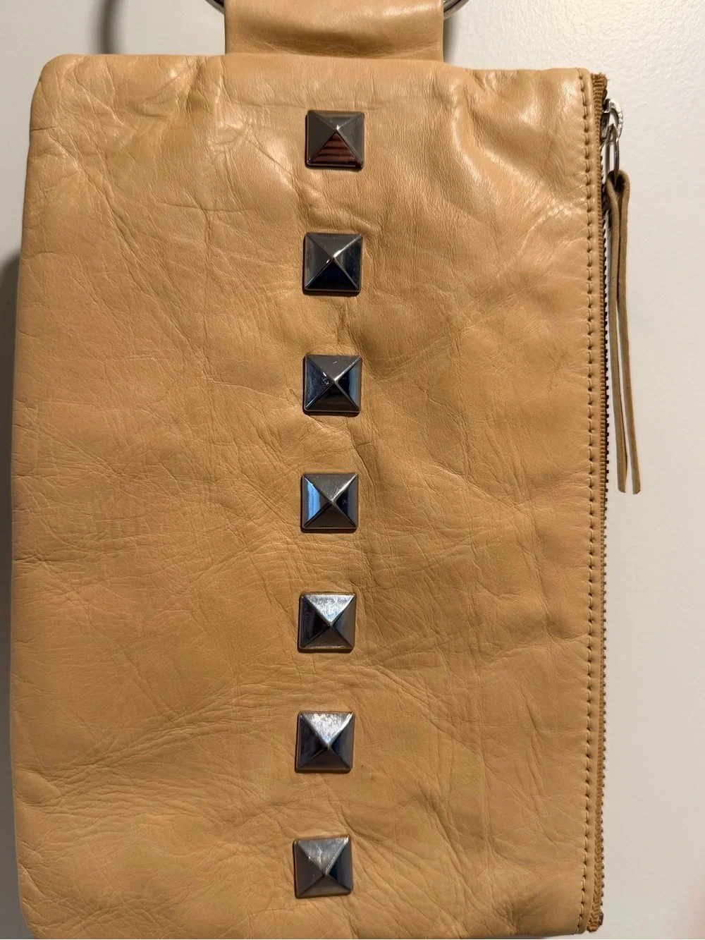 de Groot Soiree Studded Leather O-Ring Wristlet Clutch Tan Nude